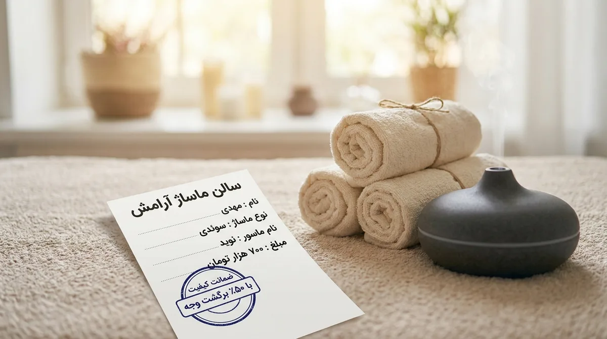 تصویر نشان گارانتی کیفیت، رسید رزرو و عناصر آرامشبخش ماساژ