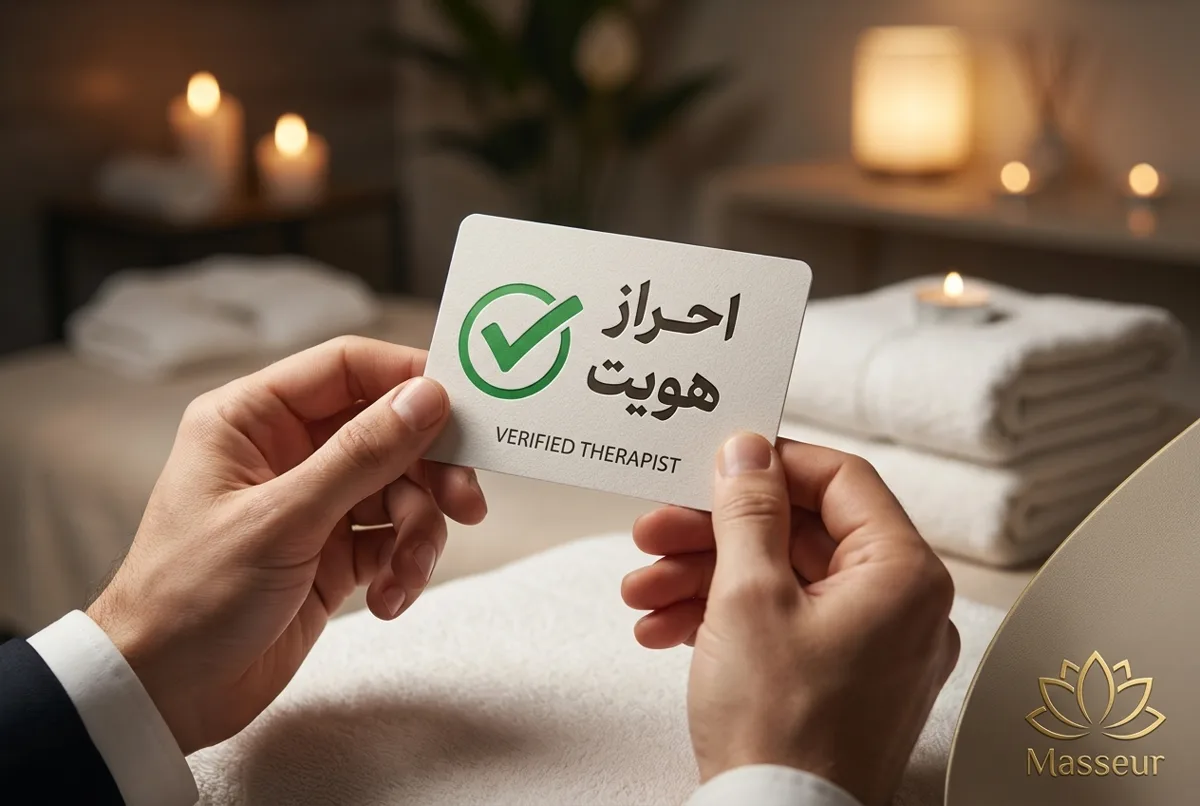 تصویر کارتهای احراز هویت، حوله گرم و فضای آرام ماساژ برای رزرو مطمئن